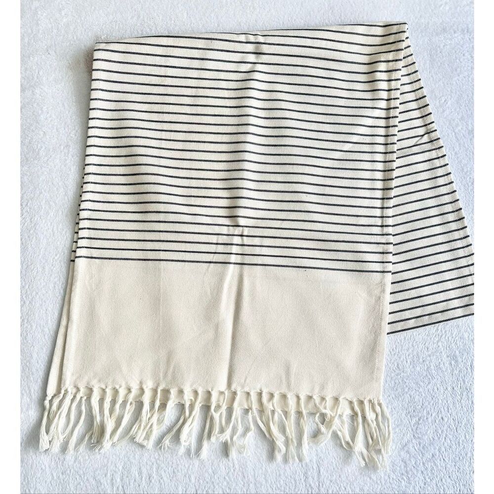 Off-white striped table runner with tassel fringe - 89 x 20 inches